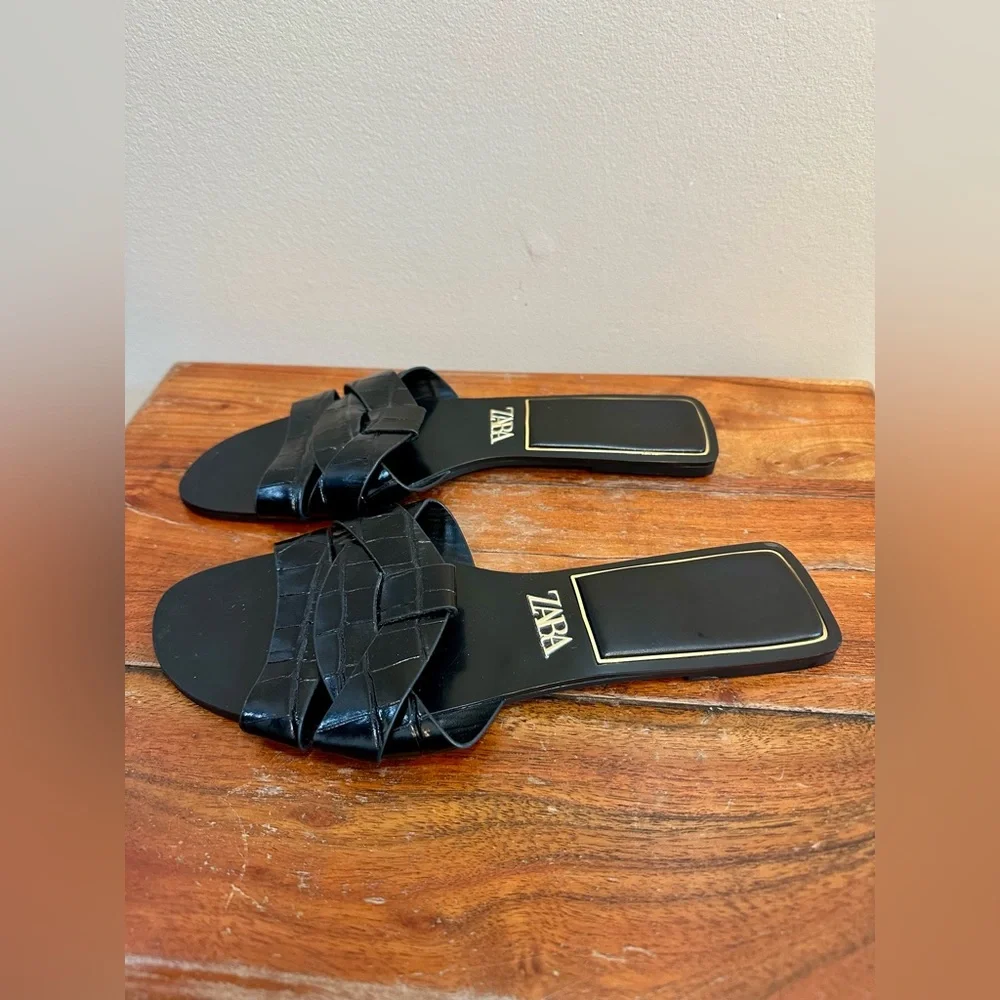 Zara Faux Croc Leather Black Sandal Size 9.5 - Picture 2 of 4